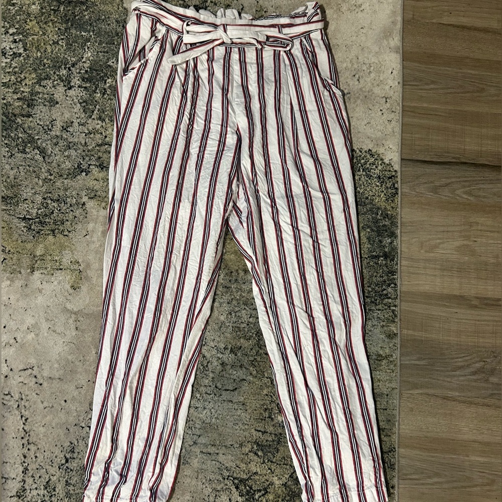 Red white and blue striped paper bag pants